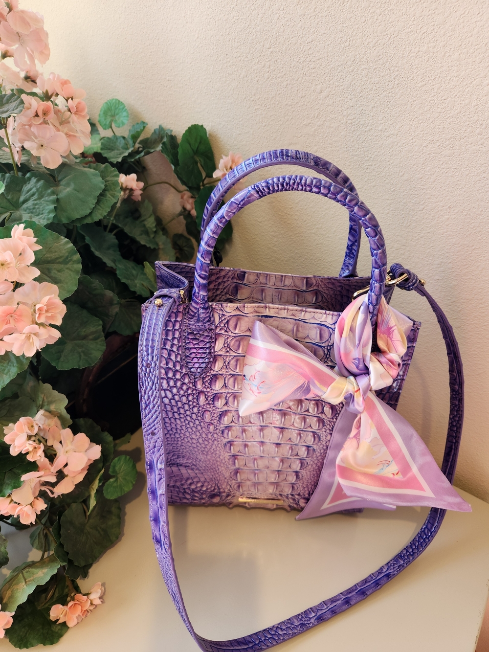 Elegant New Brahmin Purple Croc-Texture Satchel with Scarf Accent - Women Bags